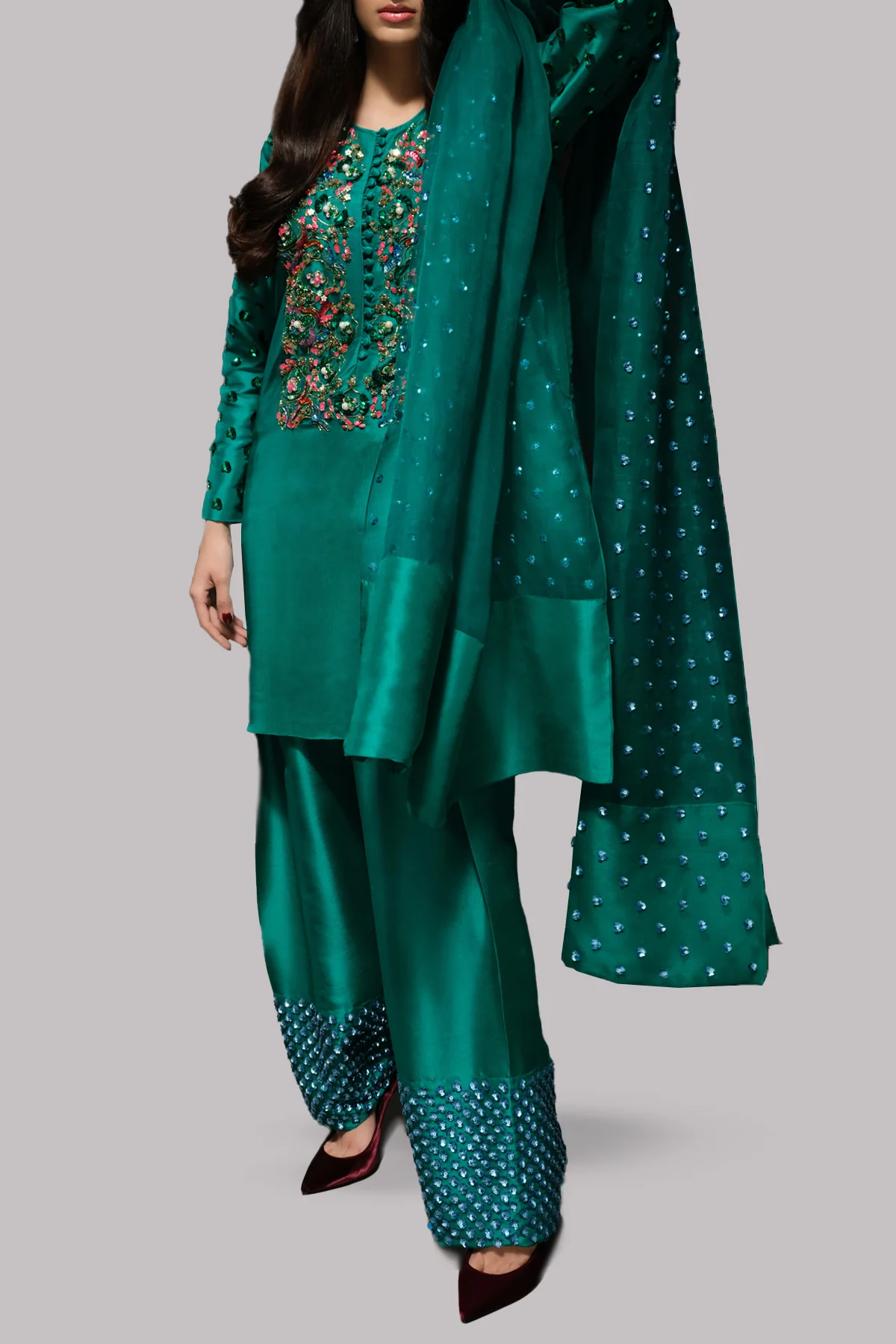 Muse Luxury Raw Silk Handmade Emerald Green Unstitched 3 Pieces With Potli - Image 5