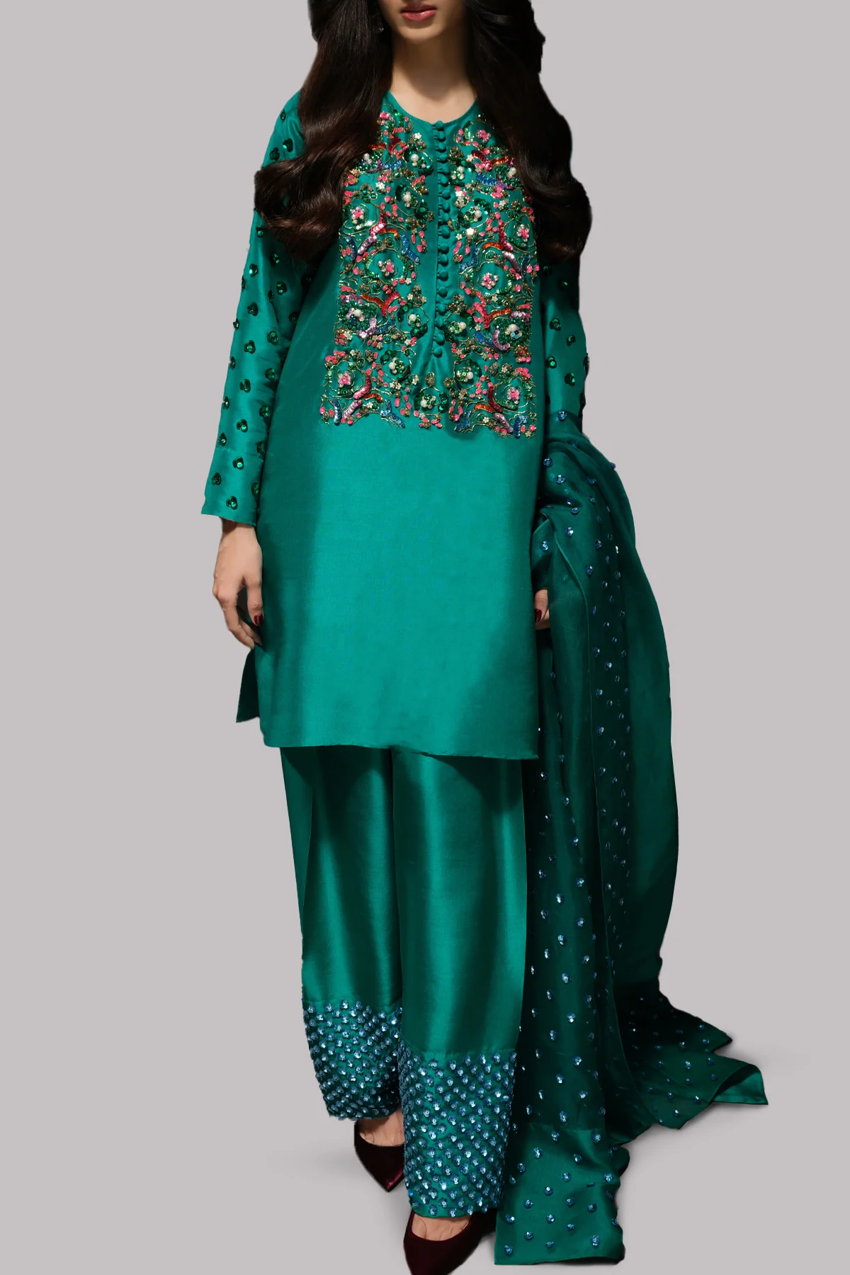 Muse Luxury Raw Silk Handmade Emerald Green Unstitched 3 Pieces With Potli - Image 6