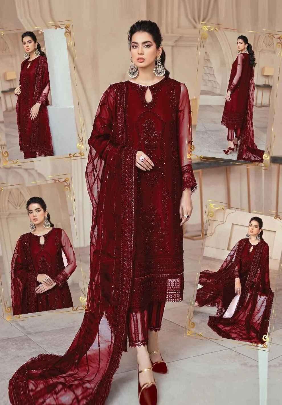 Mushq Maroon Formal AL-23 Unstitched 3 Pieces With Hand Work - Image 2