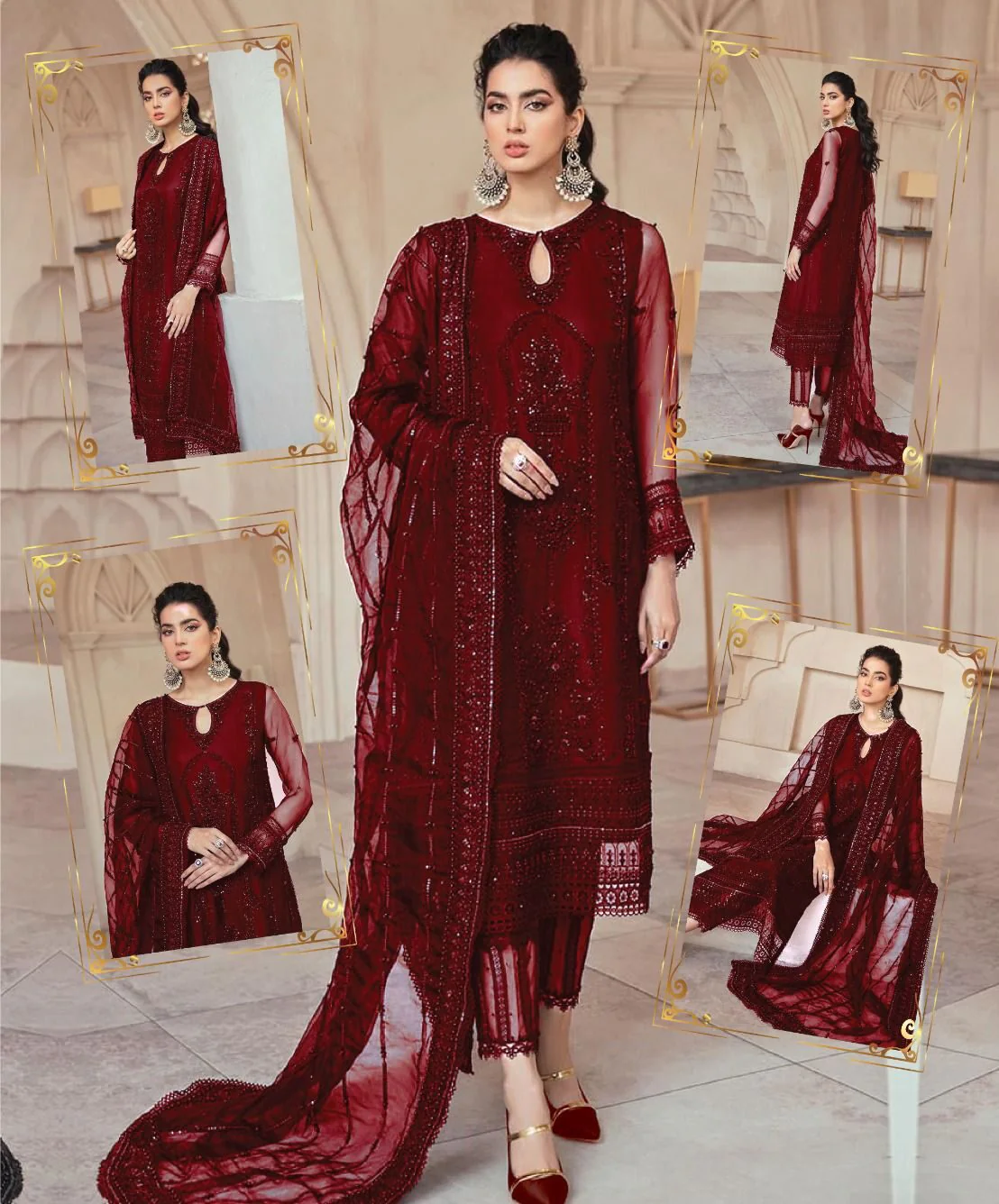 Mushq Maroon Formal AL-23 Unstitched 3 Pieces With Hand Work - Image 5
