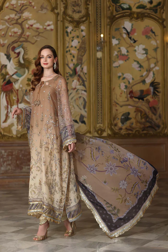 Noor by Saadia Asad Embroidered Cotton Net Unstitched 3Pc Suit D-02 Beige - Image 3