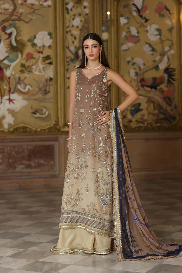 Noor by Saadia Asad Embroidered Cotton Net Unstitched 3Pc Suit D-02 Beige - Image 4