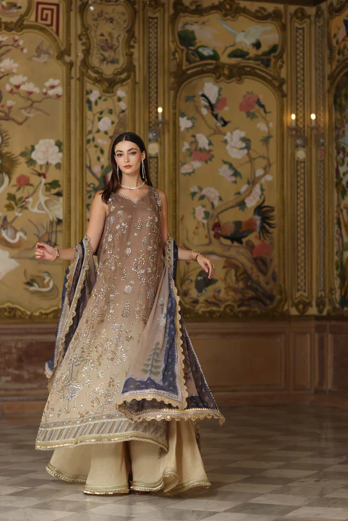 Noor by Saadia Asad Embroidered Cotton Net Unstitched 3Pc Suit D-02 Beige - Image 5