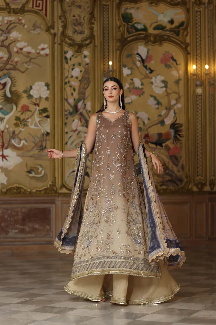Noor by Saadia Asad Embroidered Cotton Net Unstitched 3Pc Suit D-02 Beige - Image 6