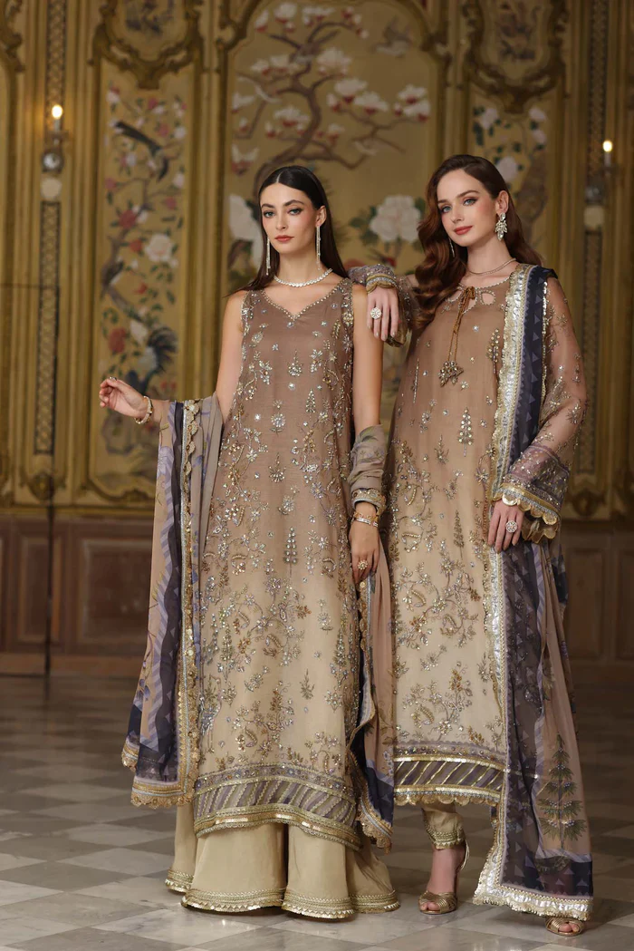 Noor by Saadia Asad Embroidered Cotton Net Unstitched 3Pc Suit D-02 Beige - Image 7