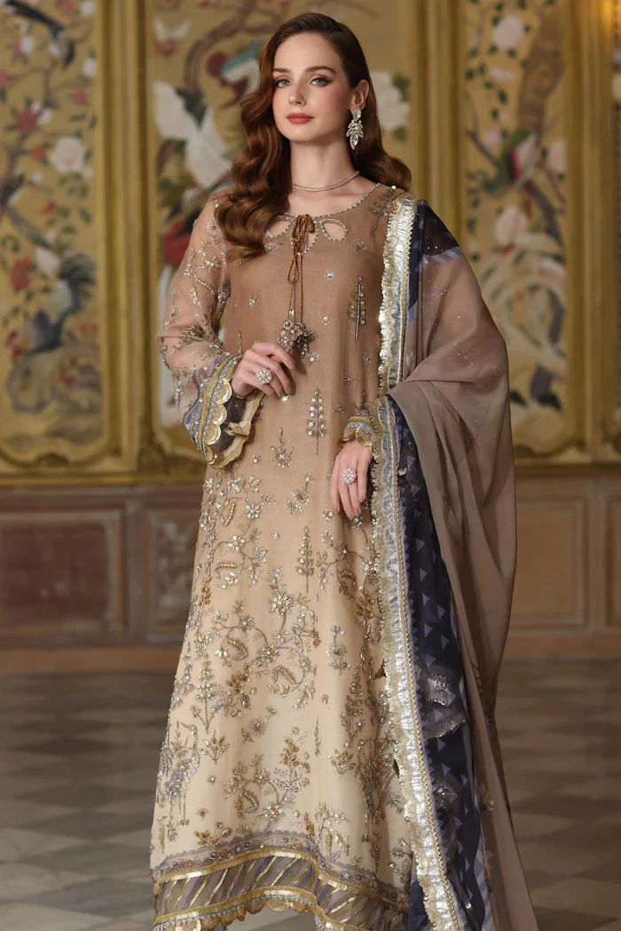 Noor by Saadia Asad Embroidered Cotton Net Unstitched 3Pc Suit D-02 Beige - Image 8