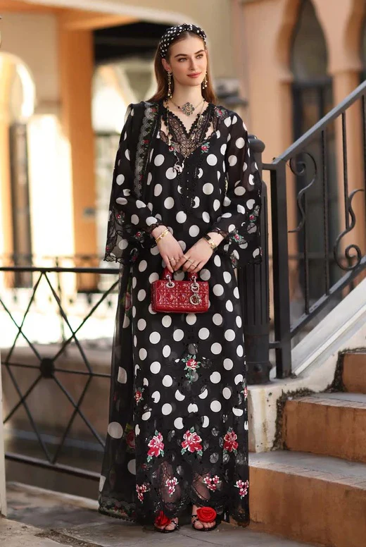 Noor By Saadia -Swiss Lawn Embroidered 3 Piece Unstitched - Black Polka