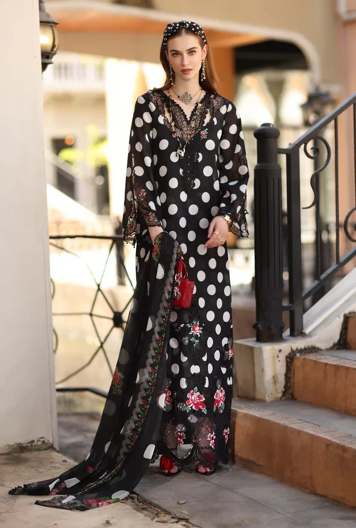 Noor By Saadia -Swiss Lawn Embroidered 3 Piece Unstitched - Black Polka - Image 2