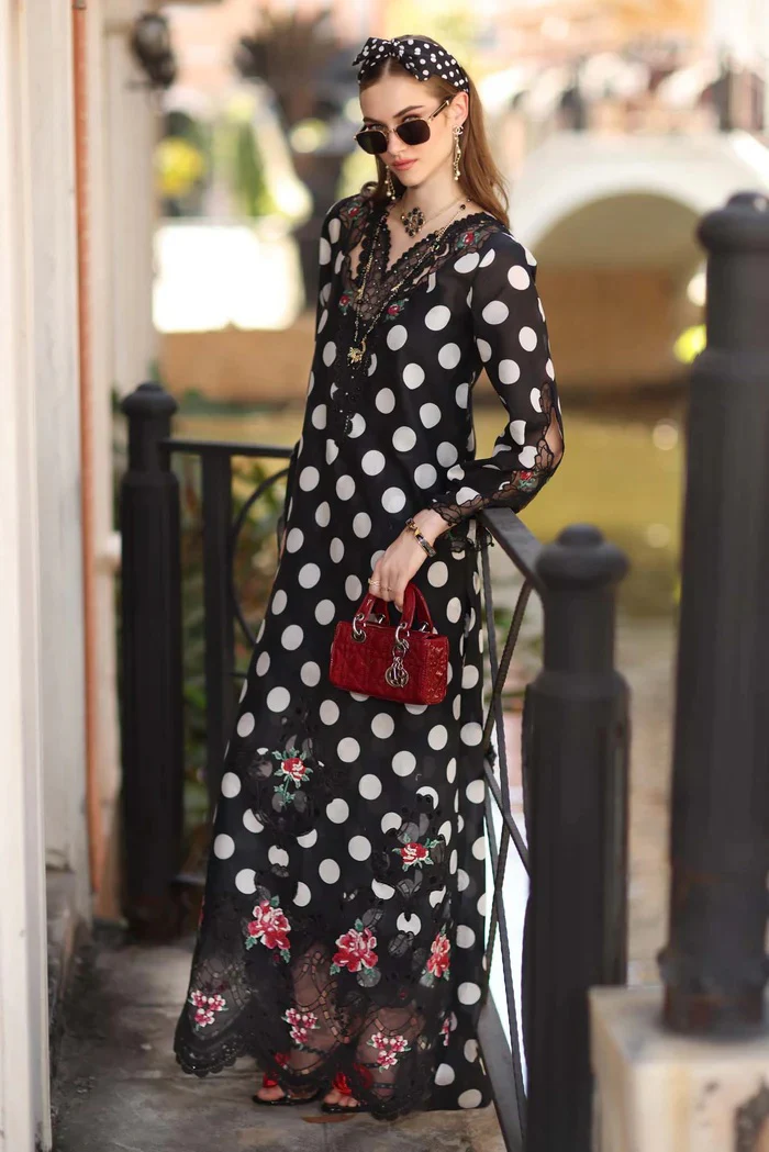 Noor By Saadia -Swiss Lawn Embroidered 3 Piece Unstitched - Black Polka - Image 3