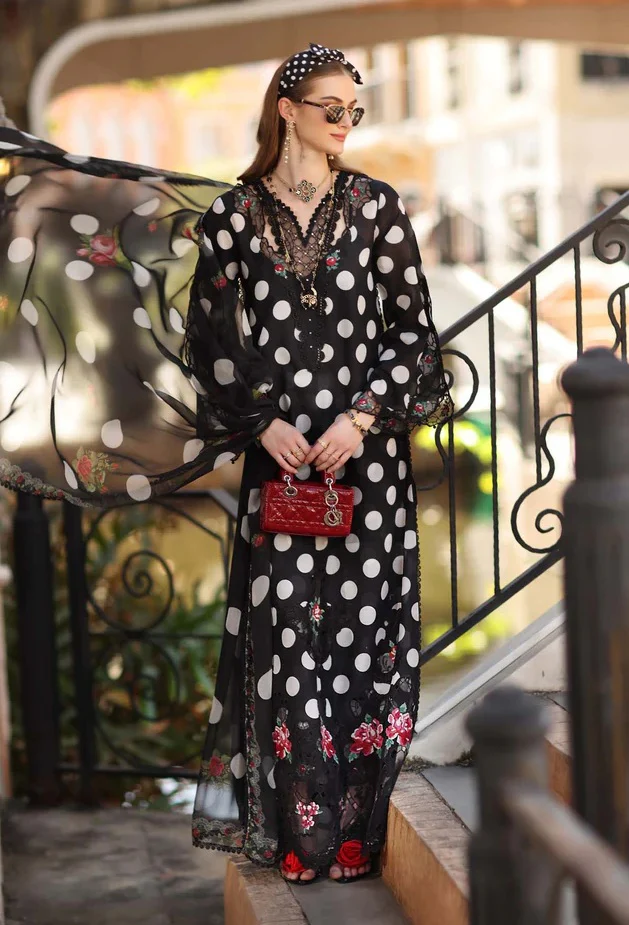 Noor By Saadia -Swiss Lawn Embroidered 3 Piece Unstitched - Black Polka - Image 4