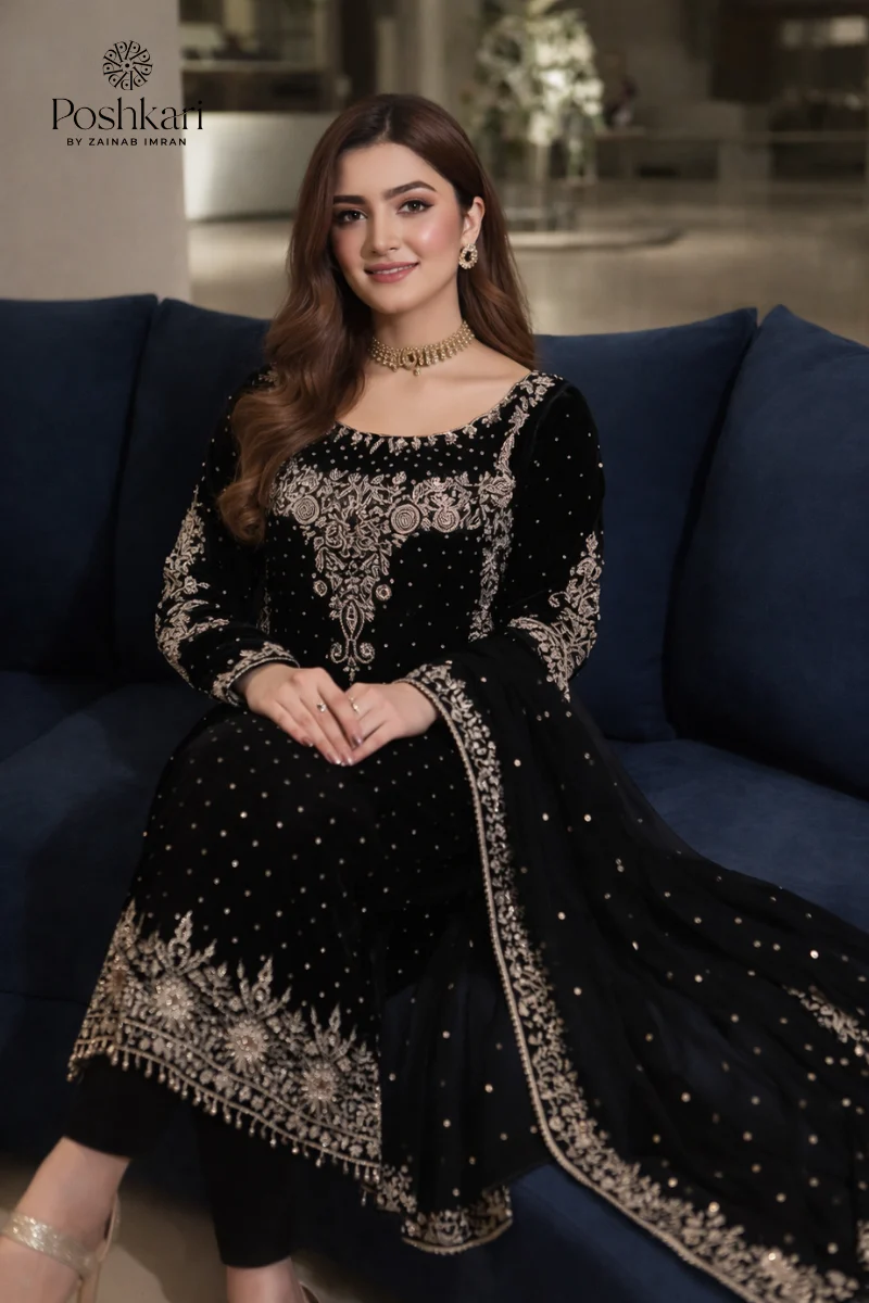 Poshkari Luxury Velvet Embroidered 3 Pc Unstitched Collection BLACK - Image 2