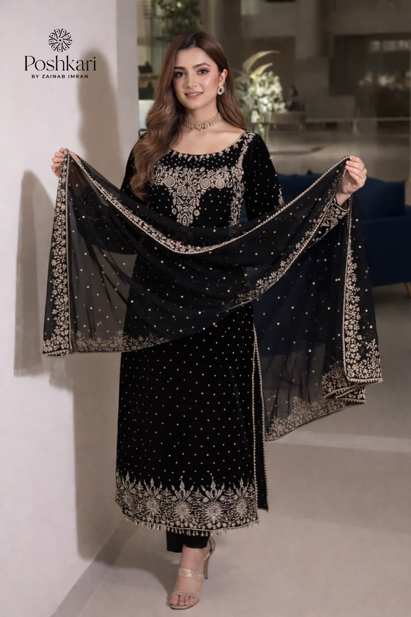 Poshkari Luxury Velvet Embroidered 3 Pc Unstitched Collection BLACK - Image 3
