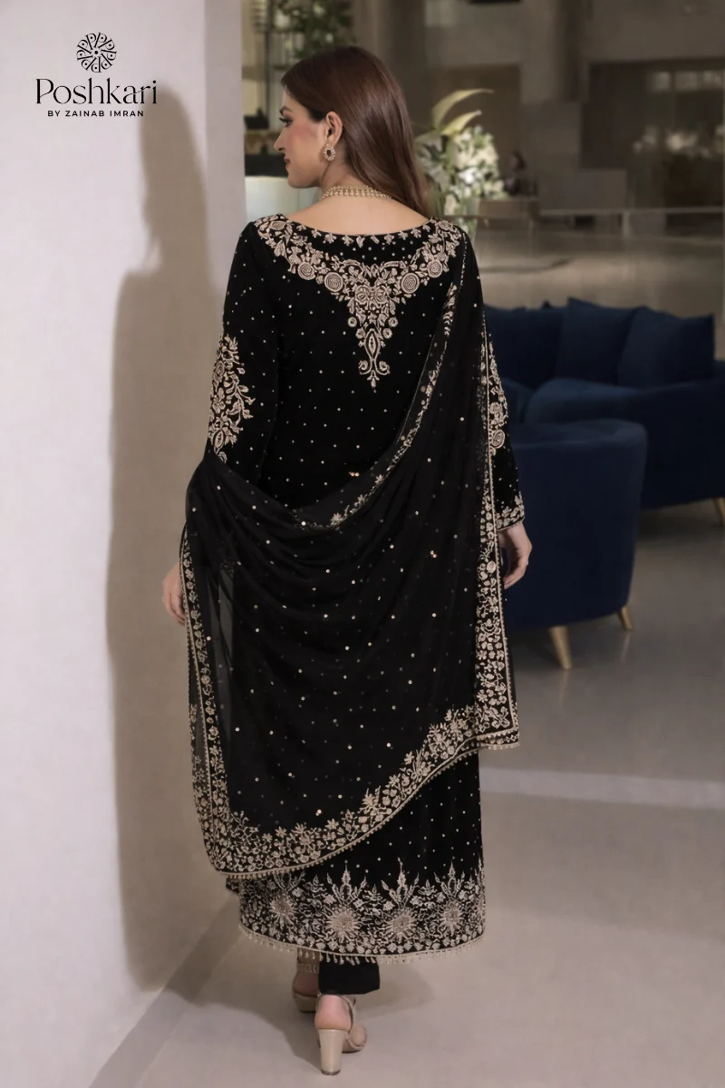 Poshkari Luxury Velvet Embroidered 3 Pc Unstitched Collection BLACK - Image 4