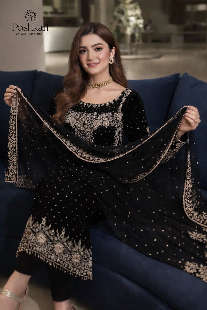 Poshkari Luxury Velvet Embroidered 3 Pc Unstitched Collection BLACK - Image 5