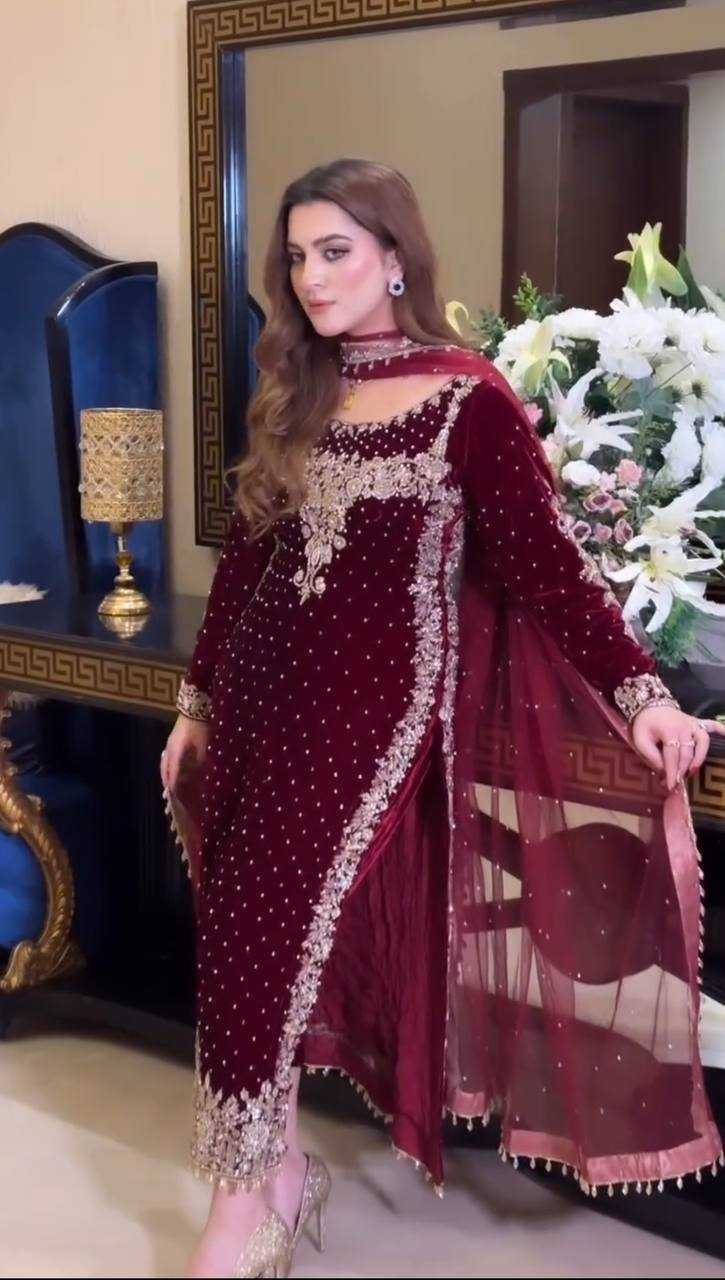 Poshkari Luxury Velvet Embroidered Collection Maroon Majesty (aneelas ) - Image 11