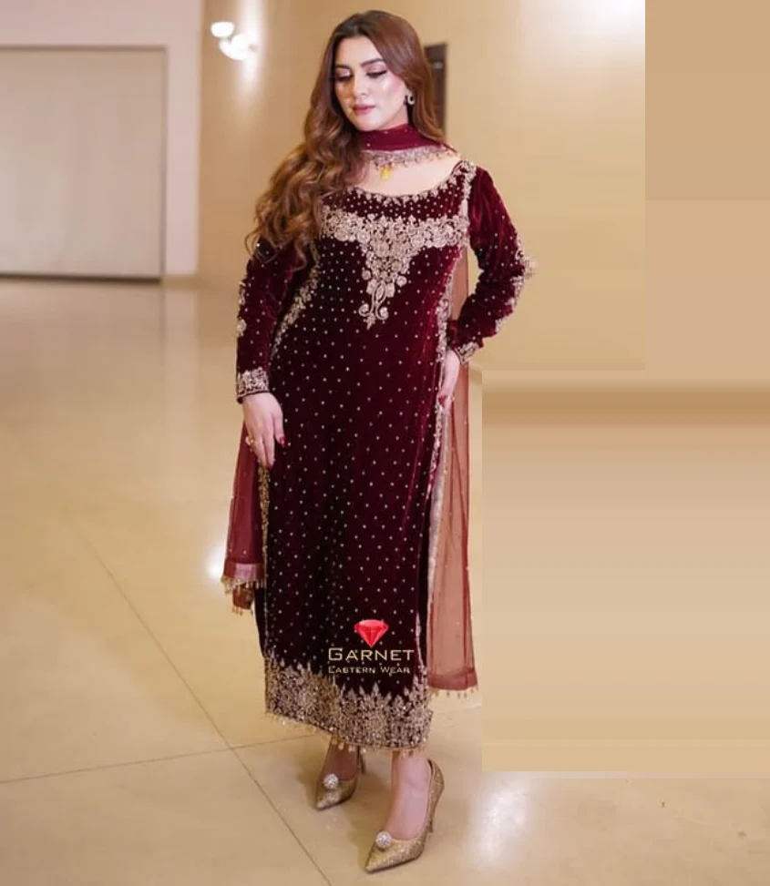 Poshkari Luxury Velvet Embroidered Collection Maroon Majesty (aneelas ) - Image 2