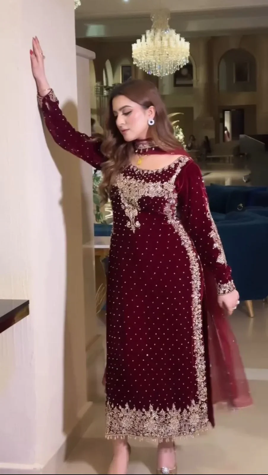Poshkari Luxury Velvet Embroidered Collection Maroon Majesty (aneelas ) - Image 3