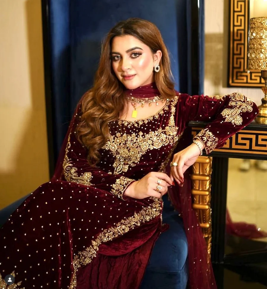 Poshkari Luxury Velvet Embroidered Collection Maroon Majesty (aneelas ) - Image 4