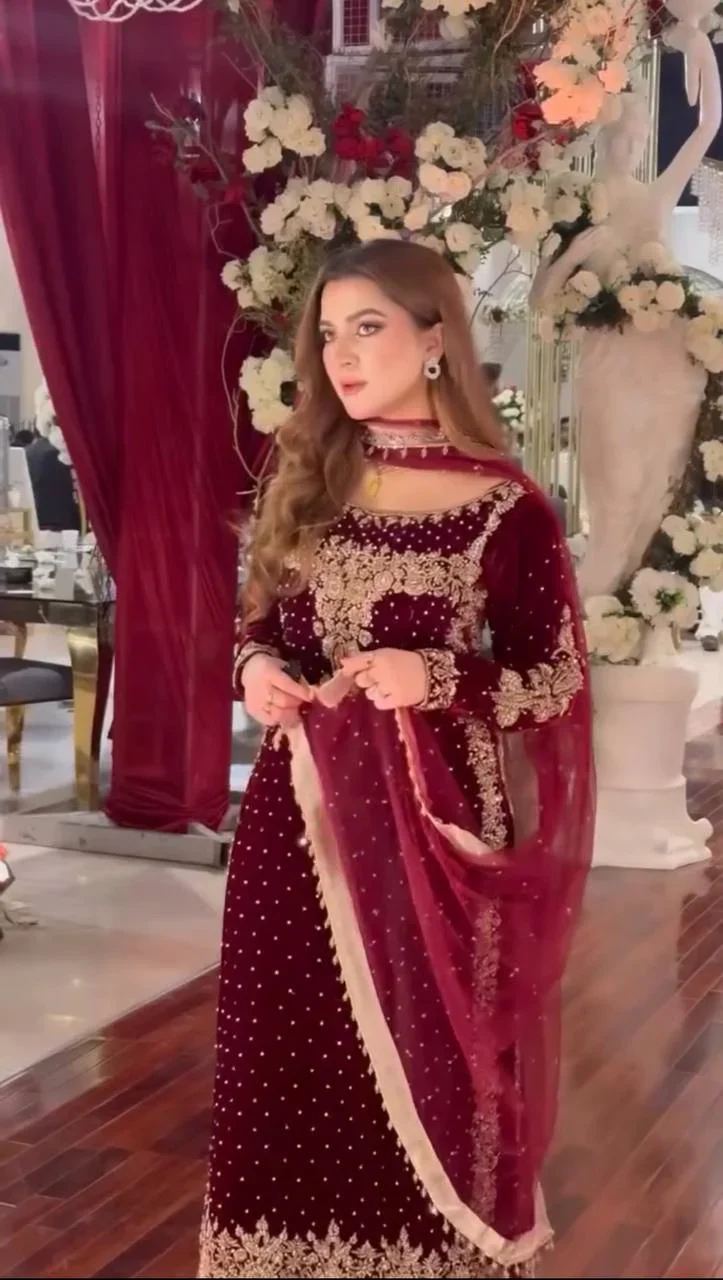 Poshkari Luxury Velvet Embroidered Collection Maroon Majesty (aneelas ) - Image 6