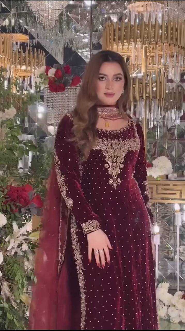 Poshkari Luxury Velvet Embroidered Collection Maroon Majesty (aneelas ) - Image 7