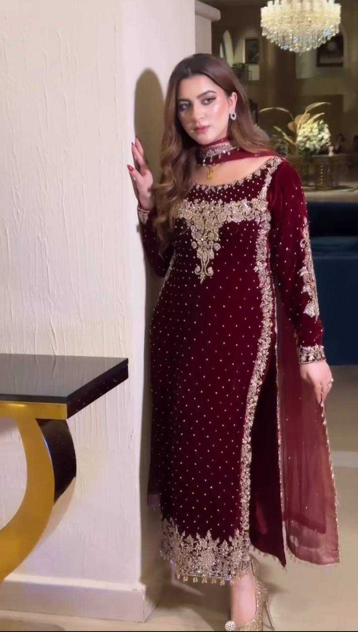 Poshkari Luxury Velvet Embroidered Collection Maroon Majesty (aneelas ) - Image 8