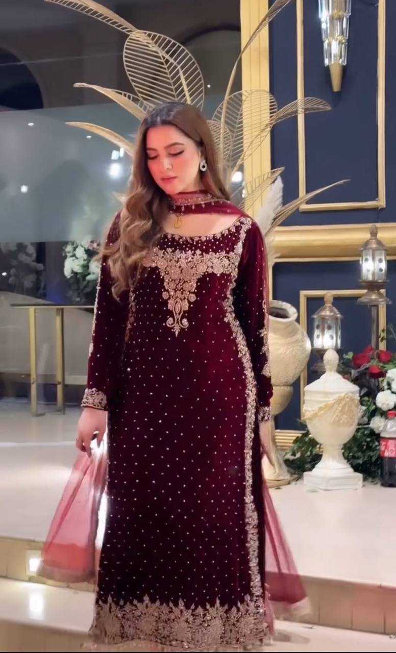 Poshkari Luxury Velvet Embroidered Collection Maroon Majesty (aneelas ) - Image 9