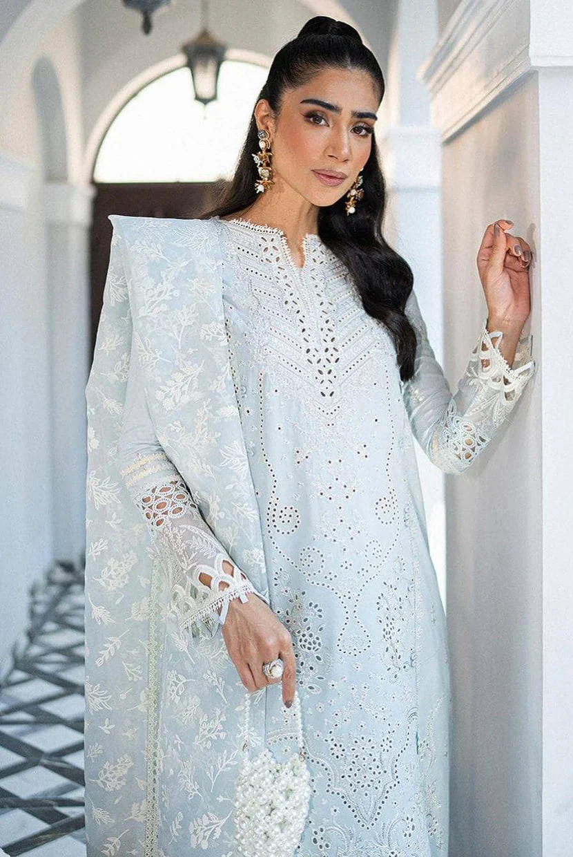 Qalamkar Luxury Lawn ChikenKari Embroidered 3 Pc Unstitched Sky Blue - Image 3