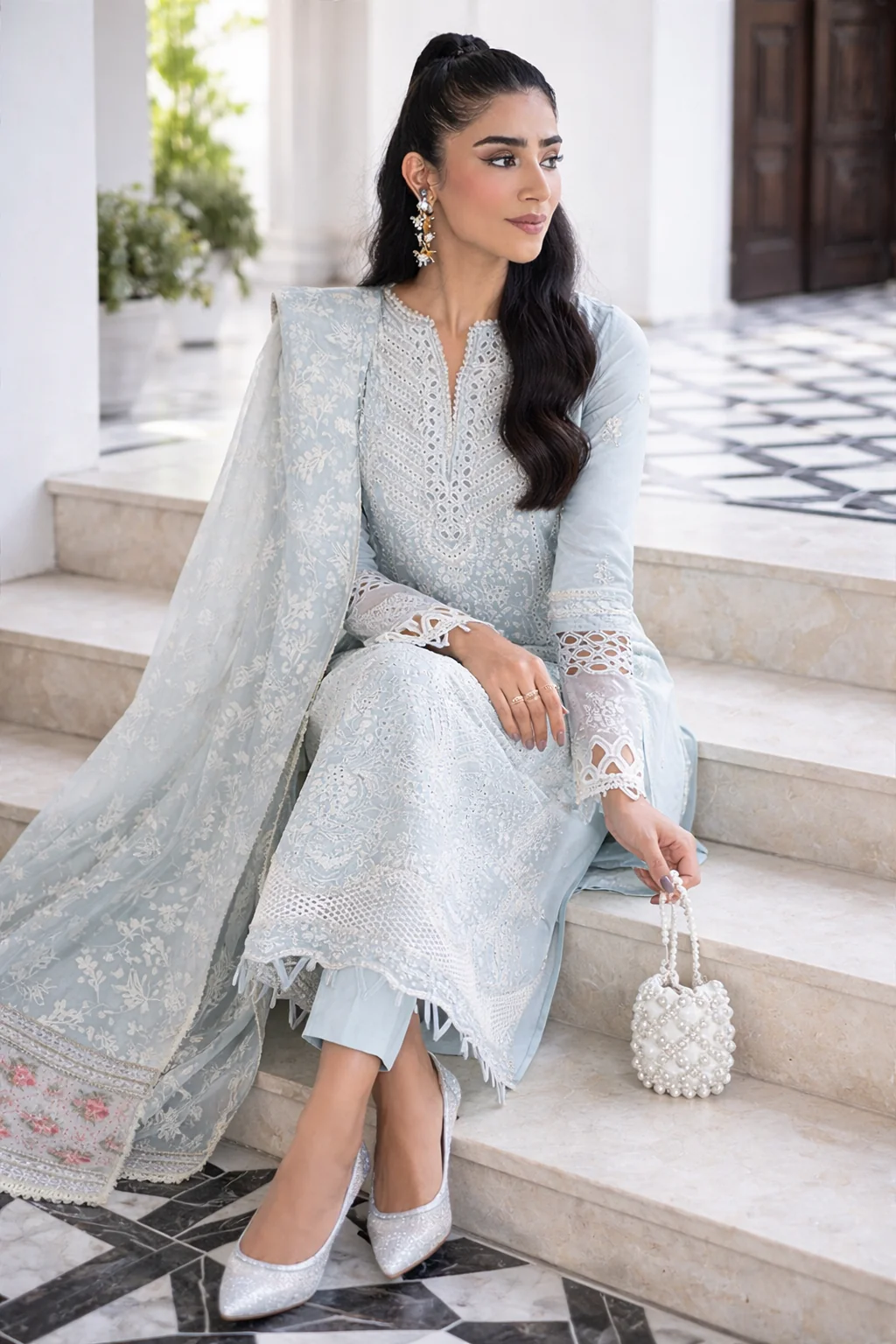 Qalamkar Luxury Lawn ChikenKari Embroidered 3 Pc Unstitched Sky Blue - Image 5