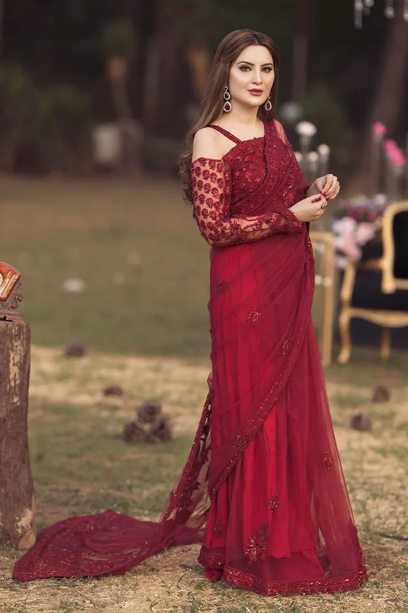 Shazia Kiyani Net Embroidered Saree Unstitched RED GLAM - Image 2