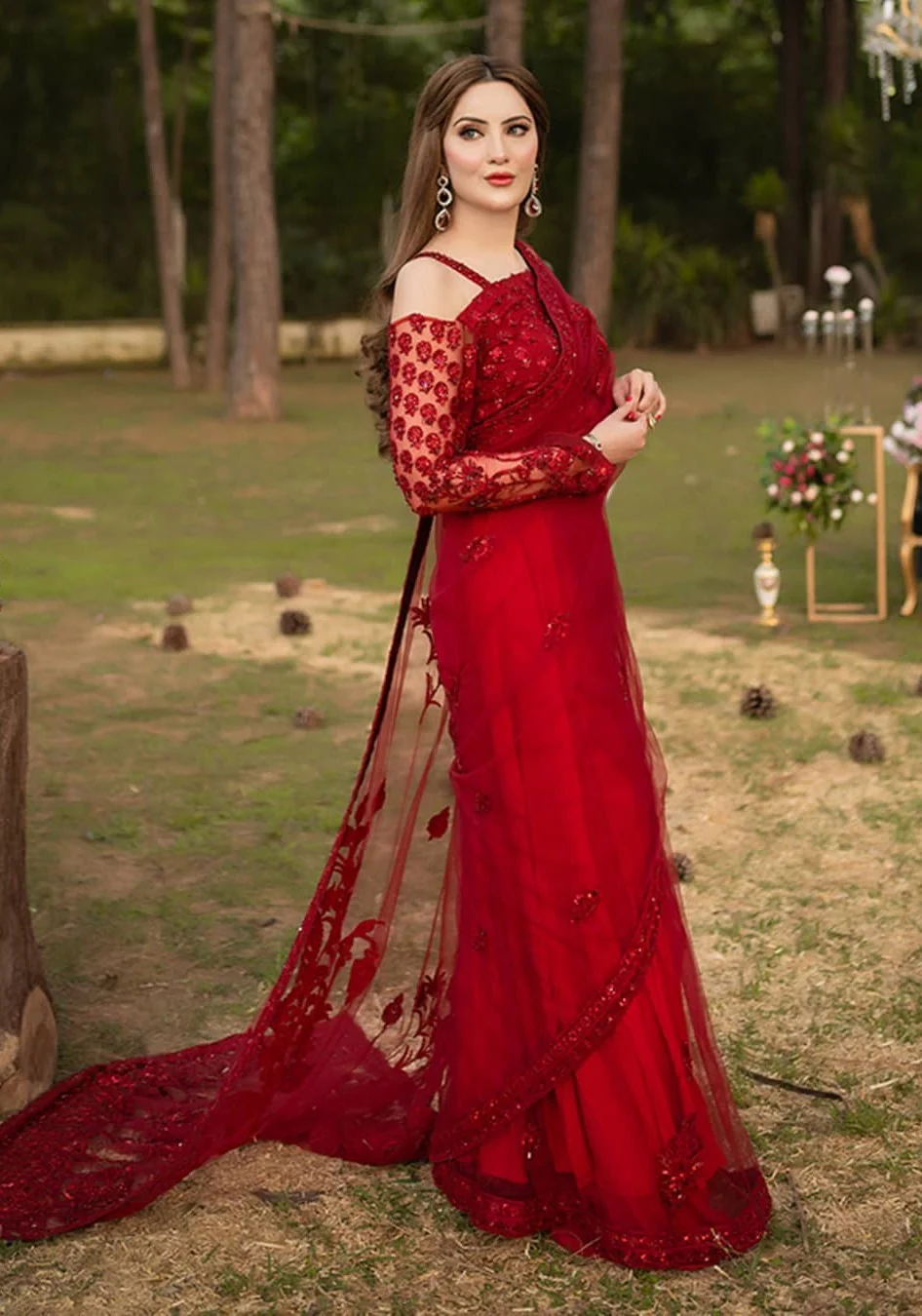 Shazia Kiyani Net Embroidered Saree Unstitched RED GLAM - Image 3