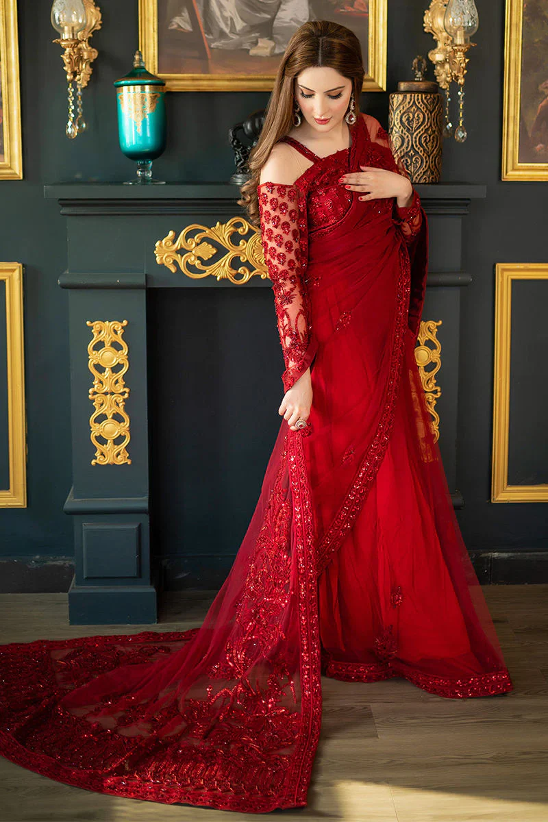 Shazia Kiyani Net Embroidered Saree Unstitched RED GLAM - Image 4