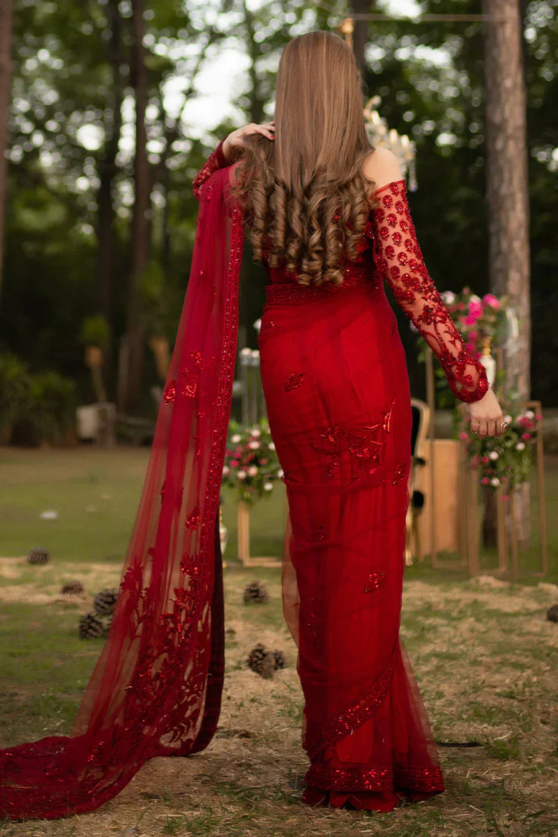 Shazia Kiyani Net Embroidered Saree Unstitched RED GLAM - Image 5