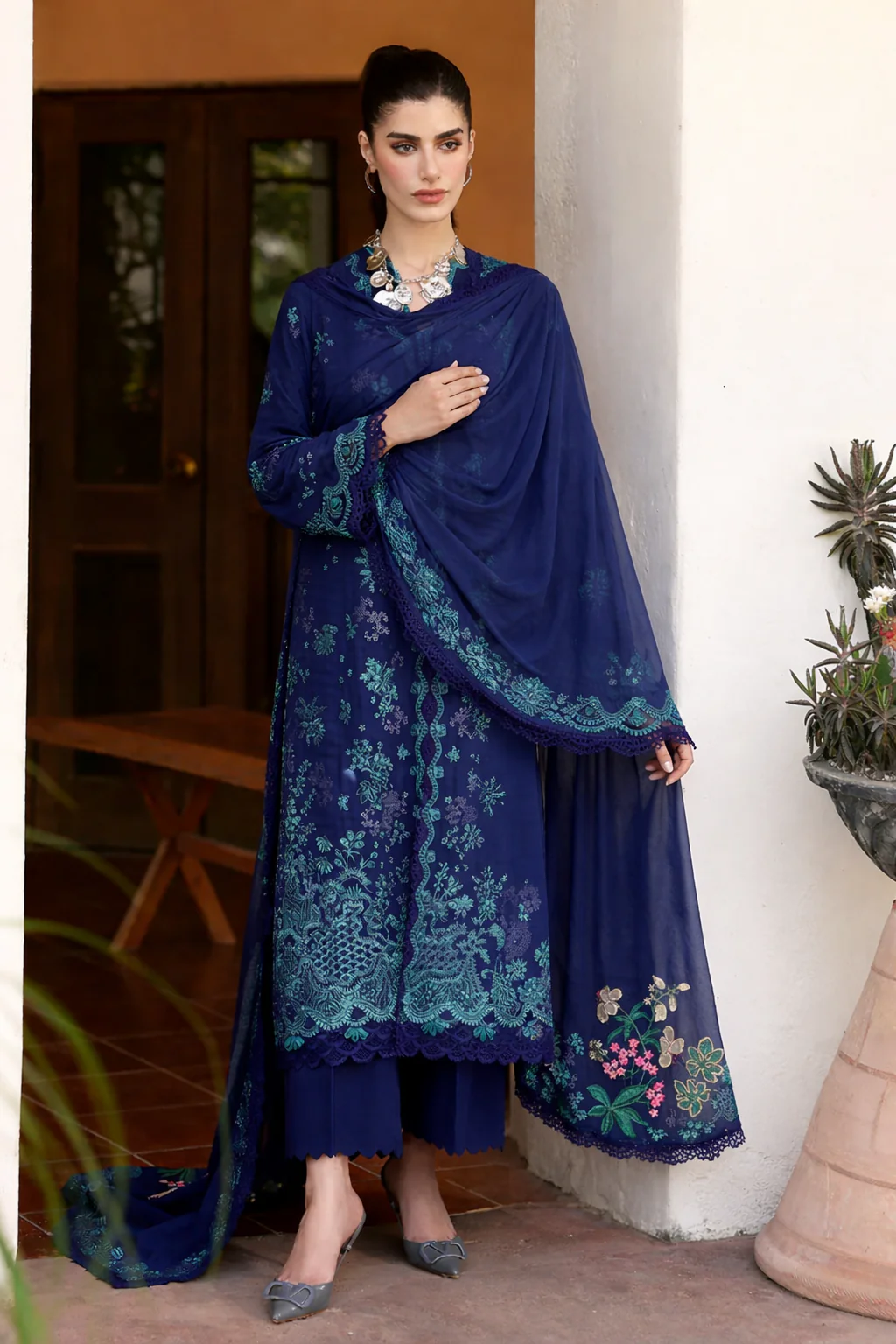 Republic Womenswear Luxury Lawn Embroidered 3 Pc Unstitched Suit NAVY BLUE - Image 2