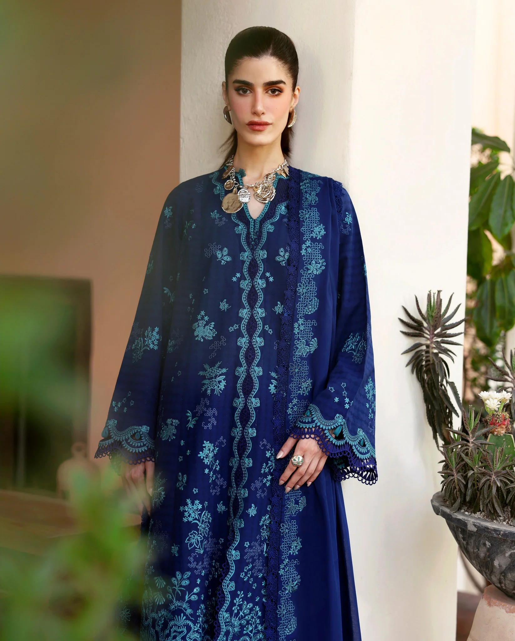 Republic Womenswear Luxury Lawn Embroidered 3 Pc Unstitched Suit NAVY BLUE - Image 3