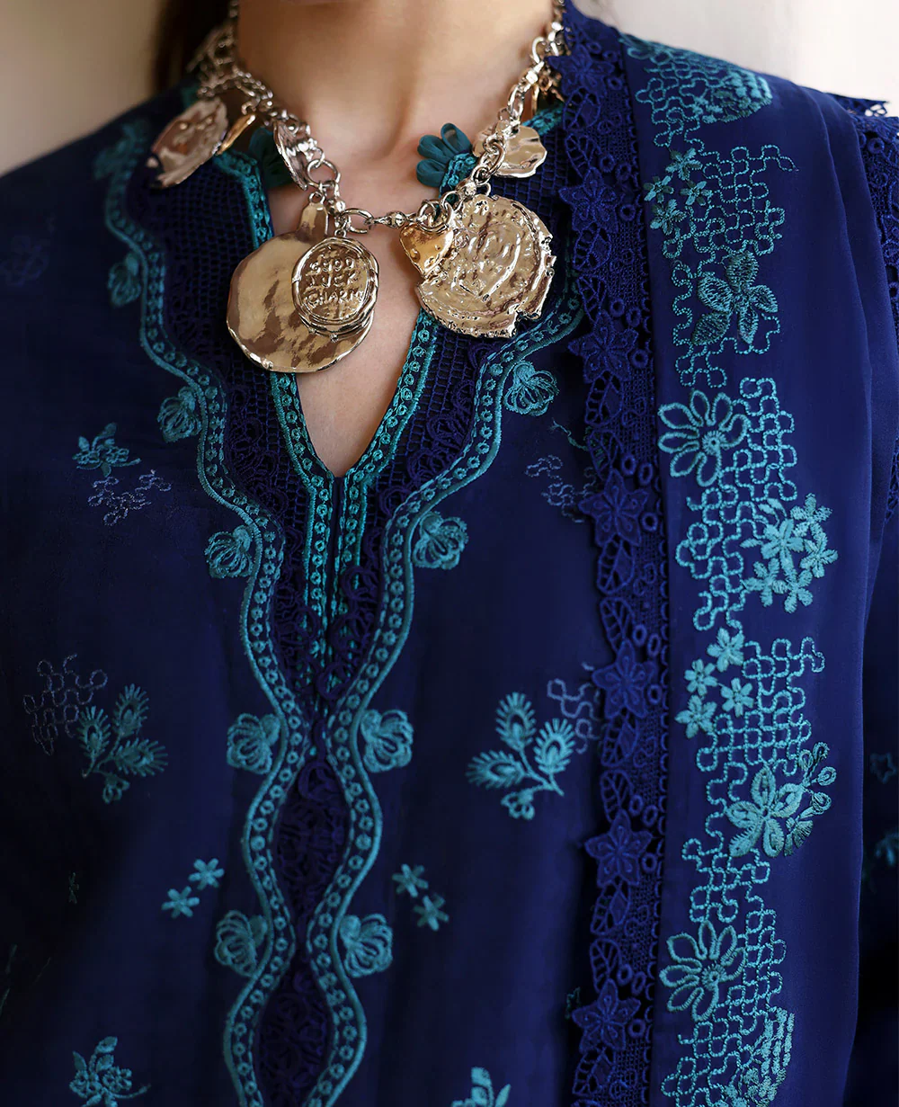 Republic Womenswear Luxury Lawn Embroidered 3 Pc Unstitched Suit NAVY BLUE - Image 5