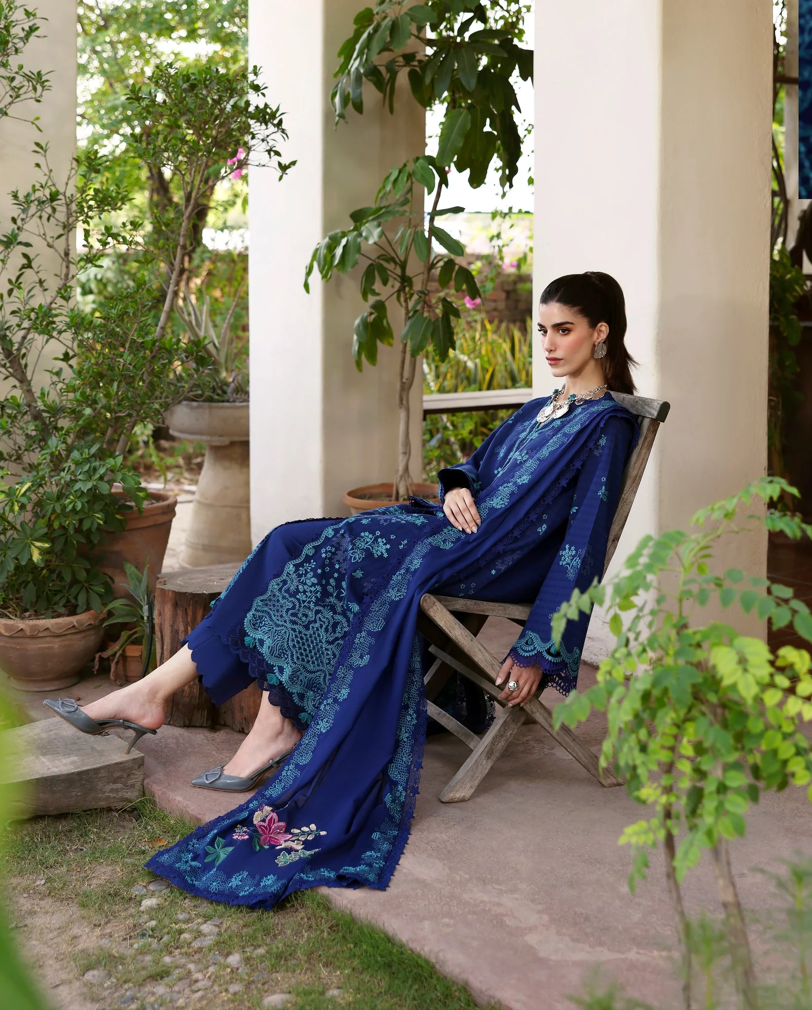 Republic Womenswear Luxury Lawn Embroidered 3 Pc Unstitched Suit NAVY BLUE - Image 6