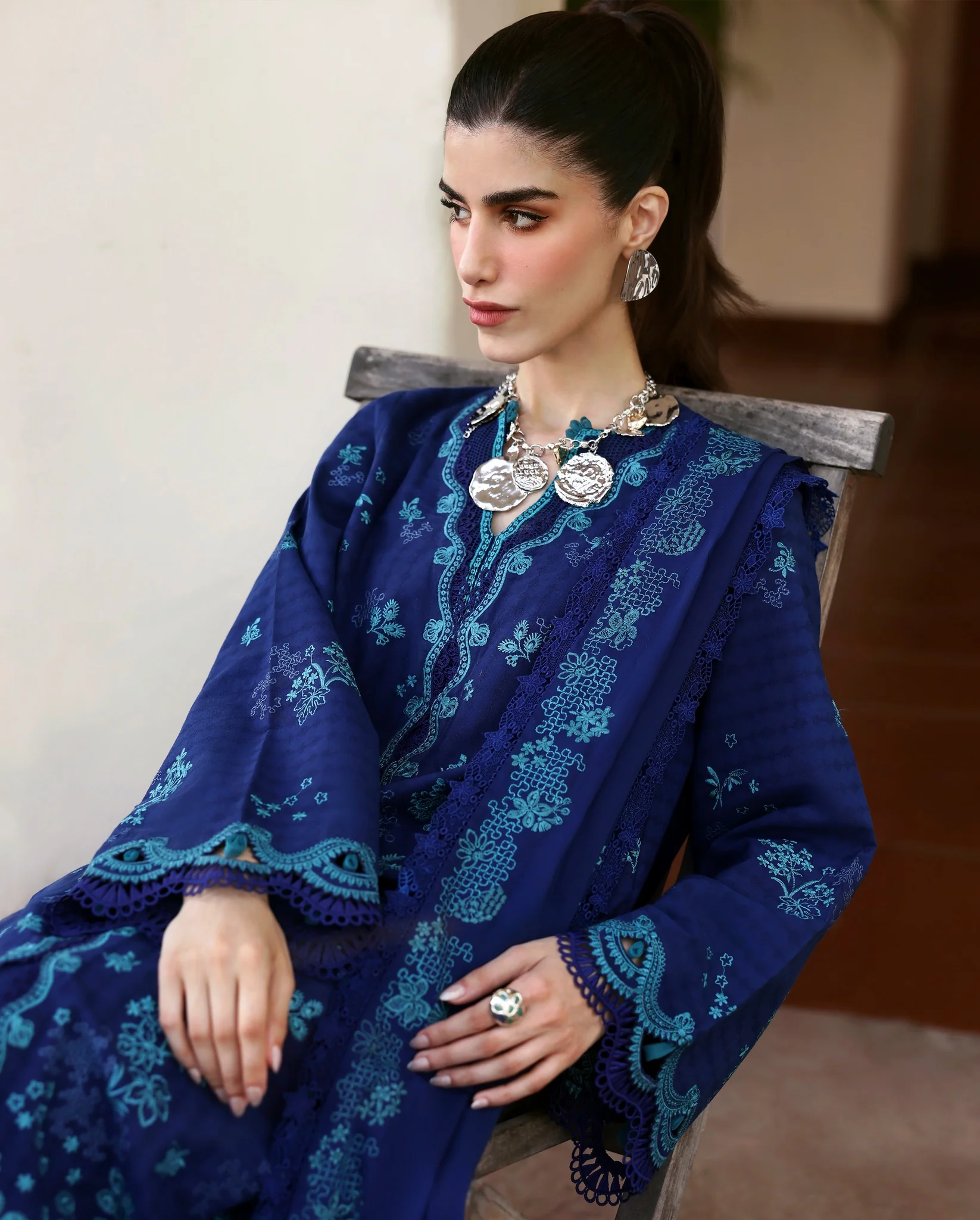 Republic Womenswear Luxury Lawn Embroidered 3 Pc Unstitched Suit NAVY BLUE - Image 7