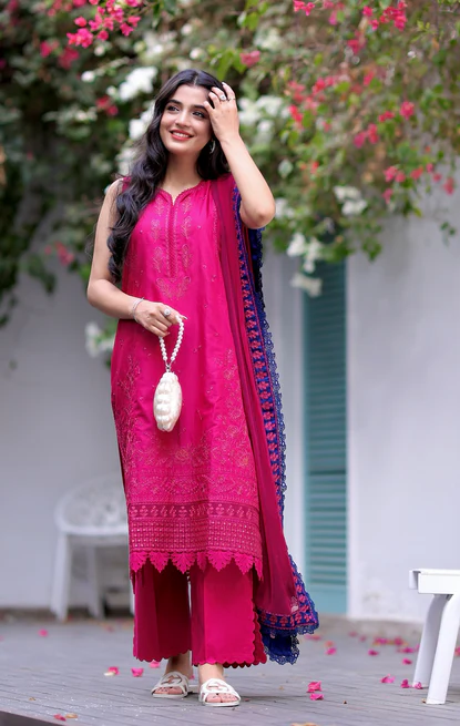 Republic Womenswear Luxury Lawn Embroidered 3 Pc Unstitched Suit Shocking Pink - Image 2