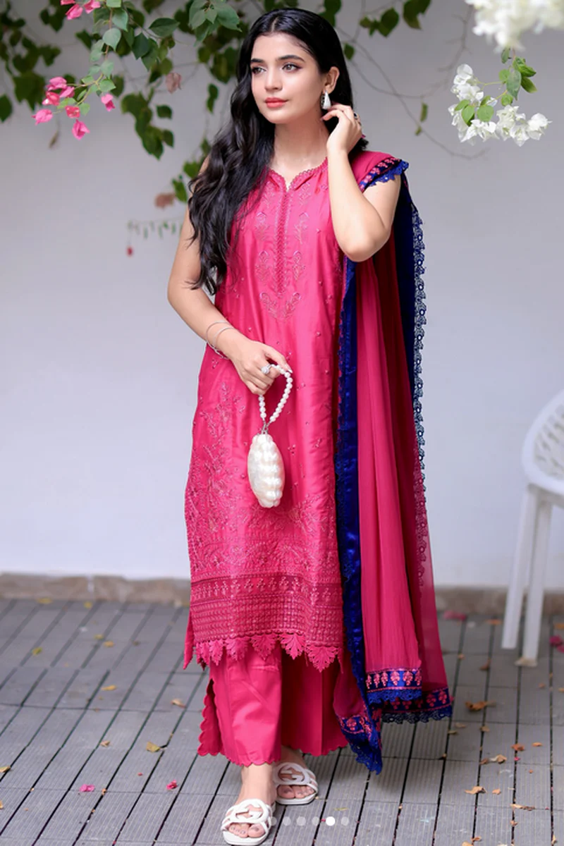 Republic Womenswear Luxury Lawn Embroidered 3 Pc Unstitched Suit Shocking Pink - Image 3