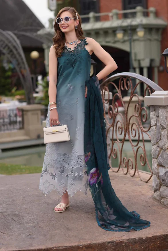Saadia asad - Lawn Embroidered 3 Piece Unstitched - D10- Teal Ombre - Image 3