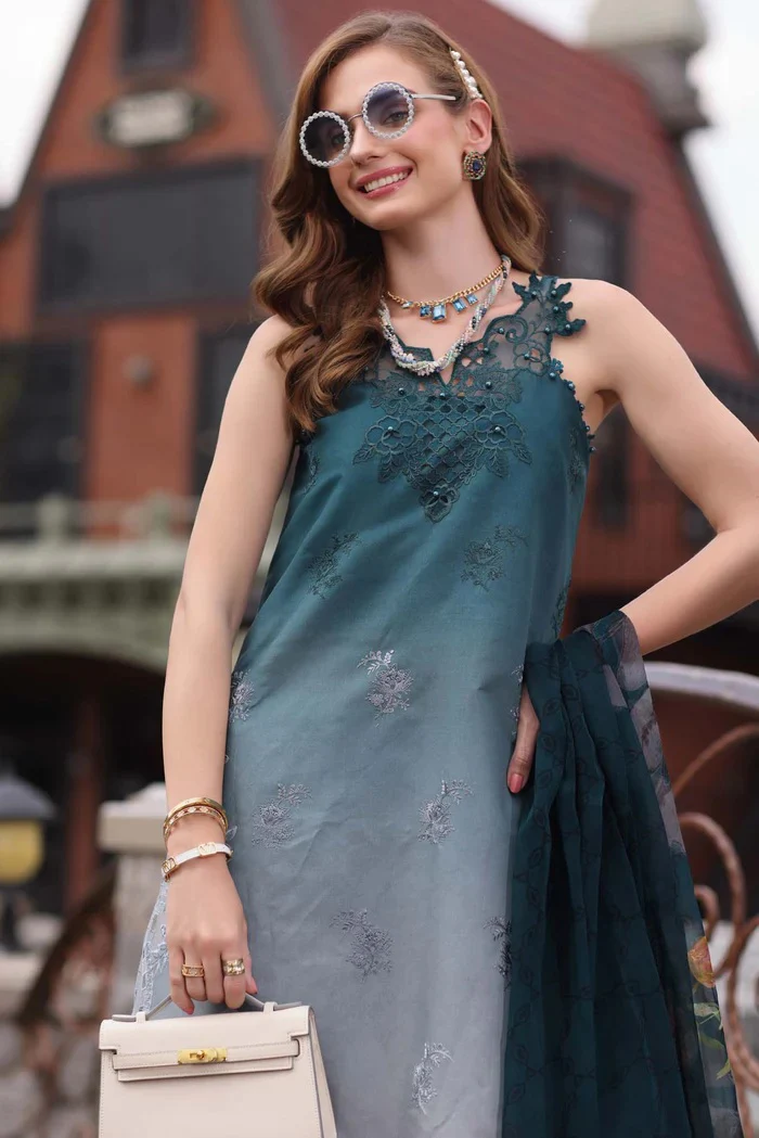 Saadia asad - Lawn Embroidered 3 Piece Unstitched - D10- Teal Ombre - Image 4