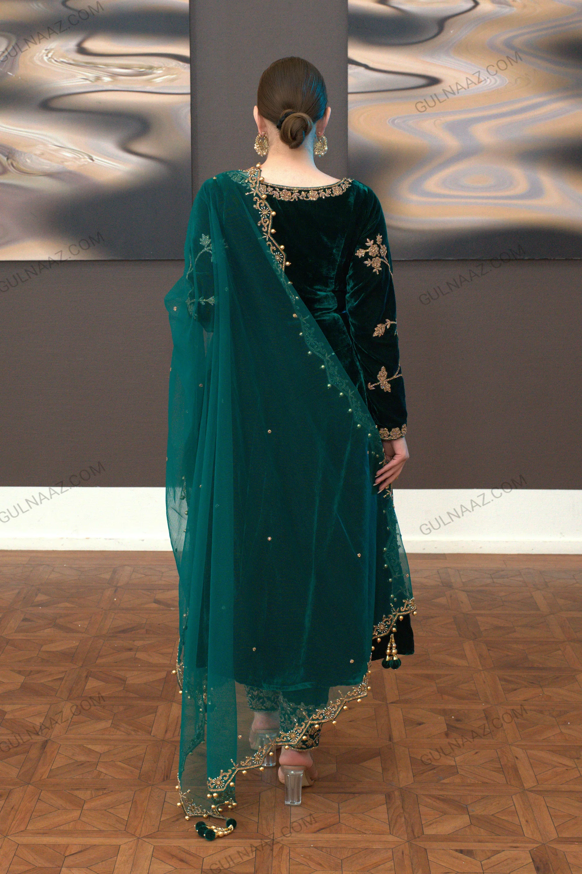 Zafira - Green Velvet Anarkali Suit Unstitched Winter Collection - Image 3