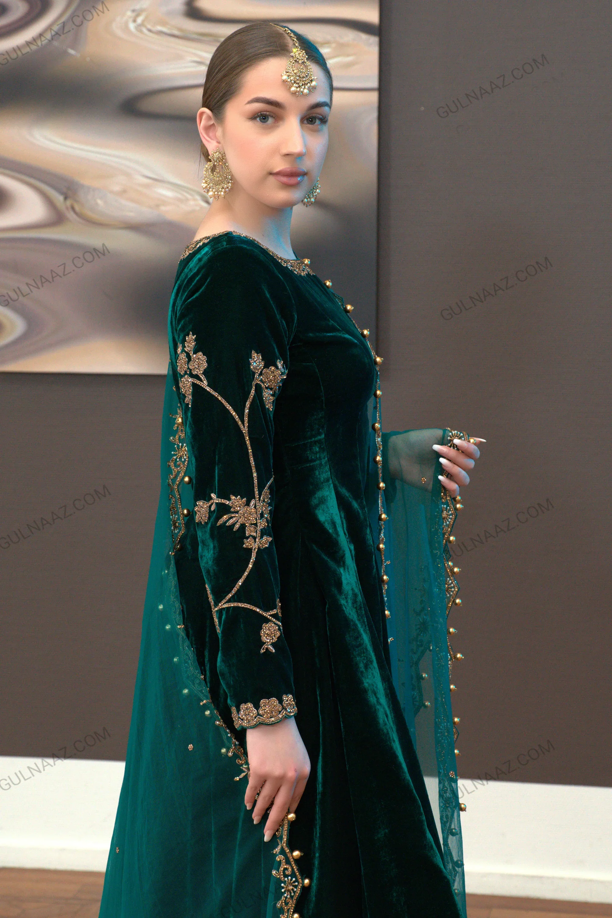 Zafira - Green Velvet Anarkali Suit Unstitched Winter Collection - Image 4