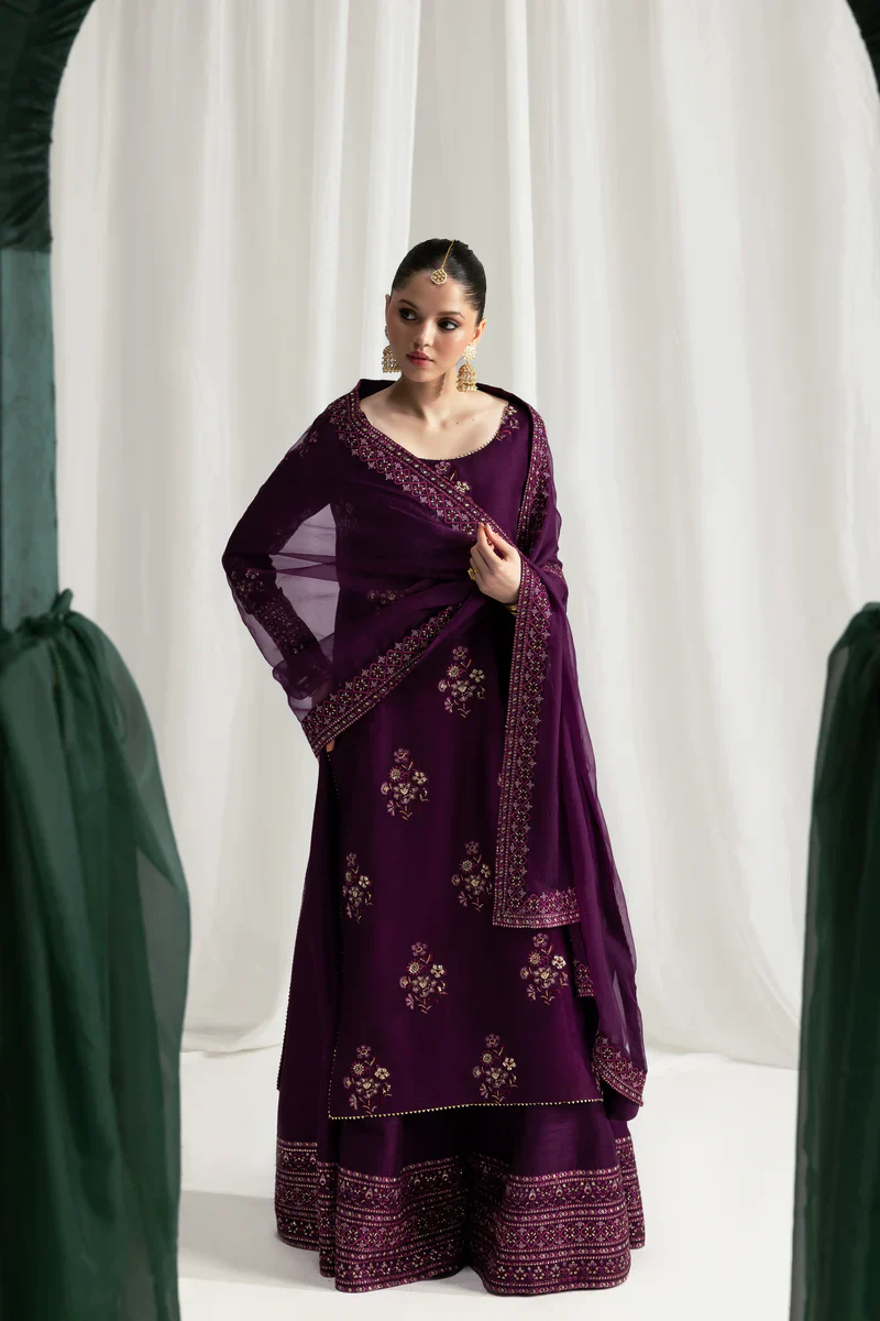 Zaib Luxury Wedding Festive Raw Silk Embroidered Unstitched Suit DEEP PLUM - Image 2