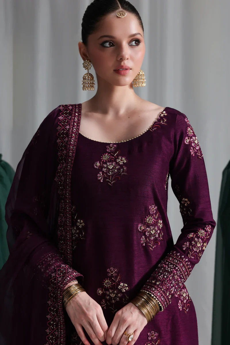 Zaib Luxury Wedding Festive Raw Silk Embroidered Unstitched Suit DEEP PLUM - Image 3