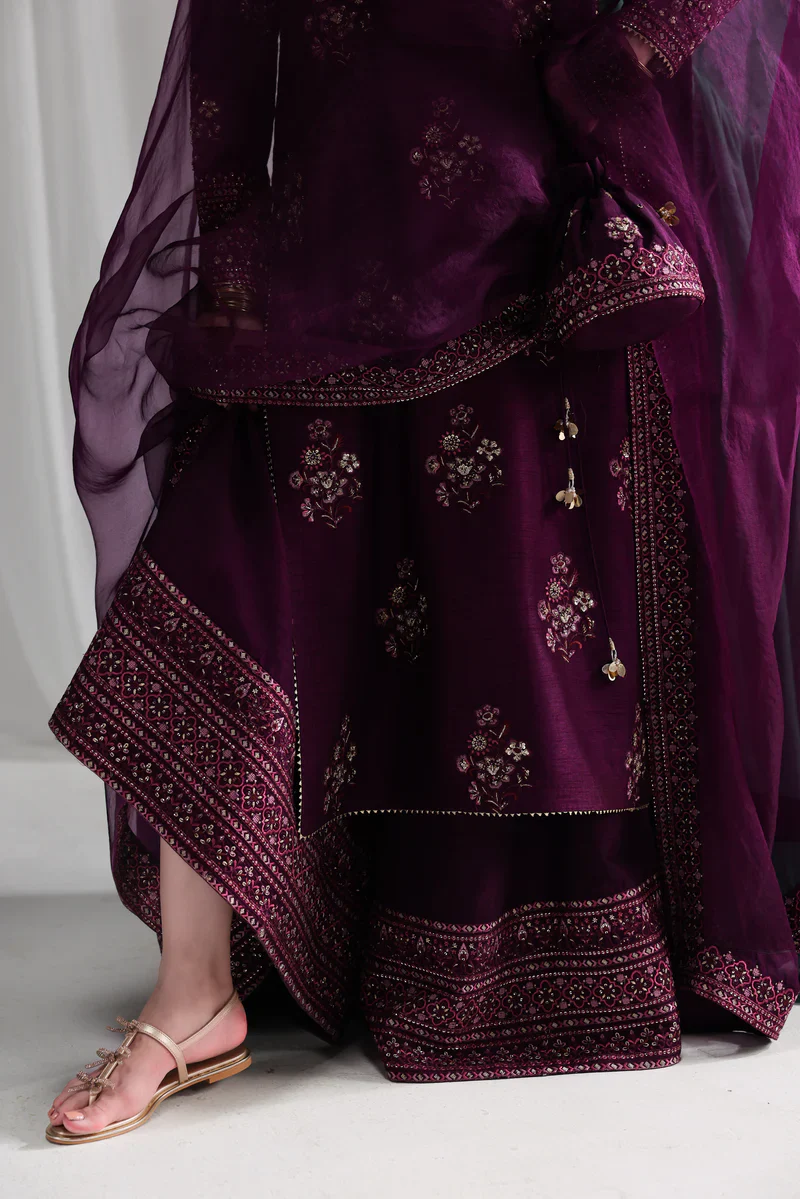 Zaib Luxury Wedding Festive Raw Silk Embroidered Unstitched Suit DEEP PLUM - Image 4