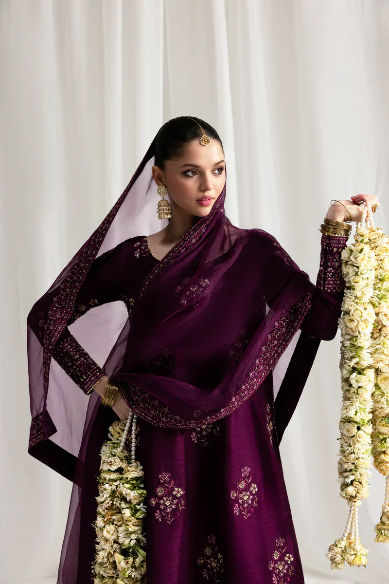Zaib Luxury Wedding Festive Raw Silk Embroidered Unstitched Suit DEEP PLUM - Image 5